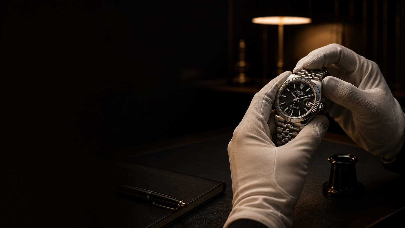 Rolex Datejust being inspected by white-gloved hands at a private desk